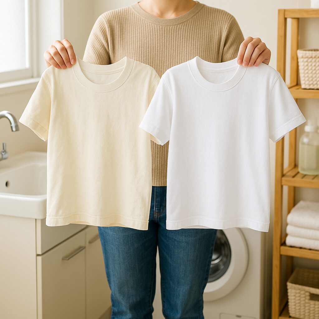 洗濯で黄ばみが落ちた白いシャツのビフォーアフター