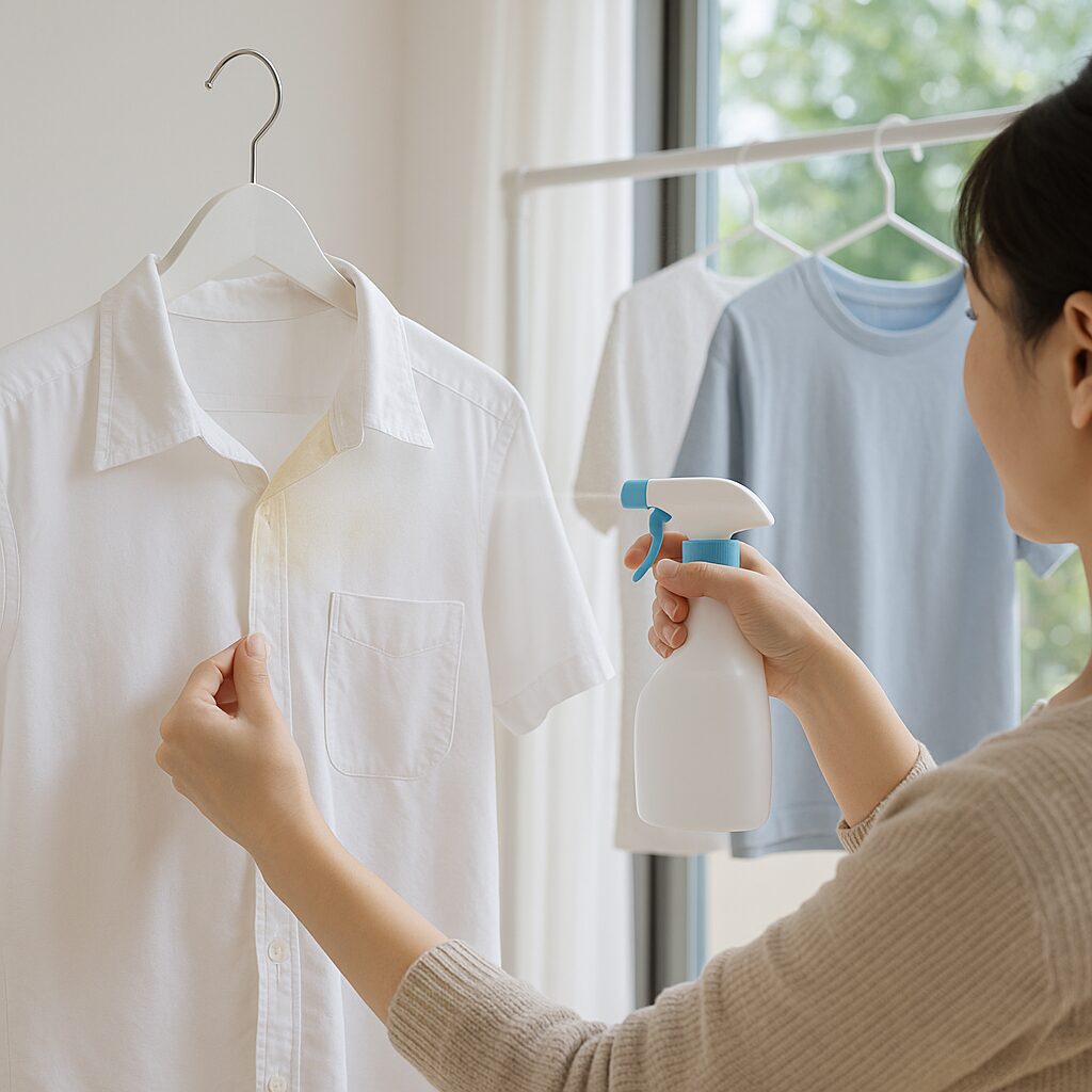 黄ばみを防ぐために洗濯前のひと手間と干し方に気をつけている様子