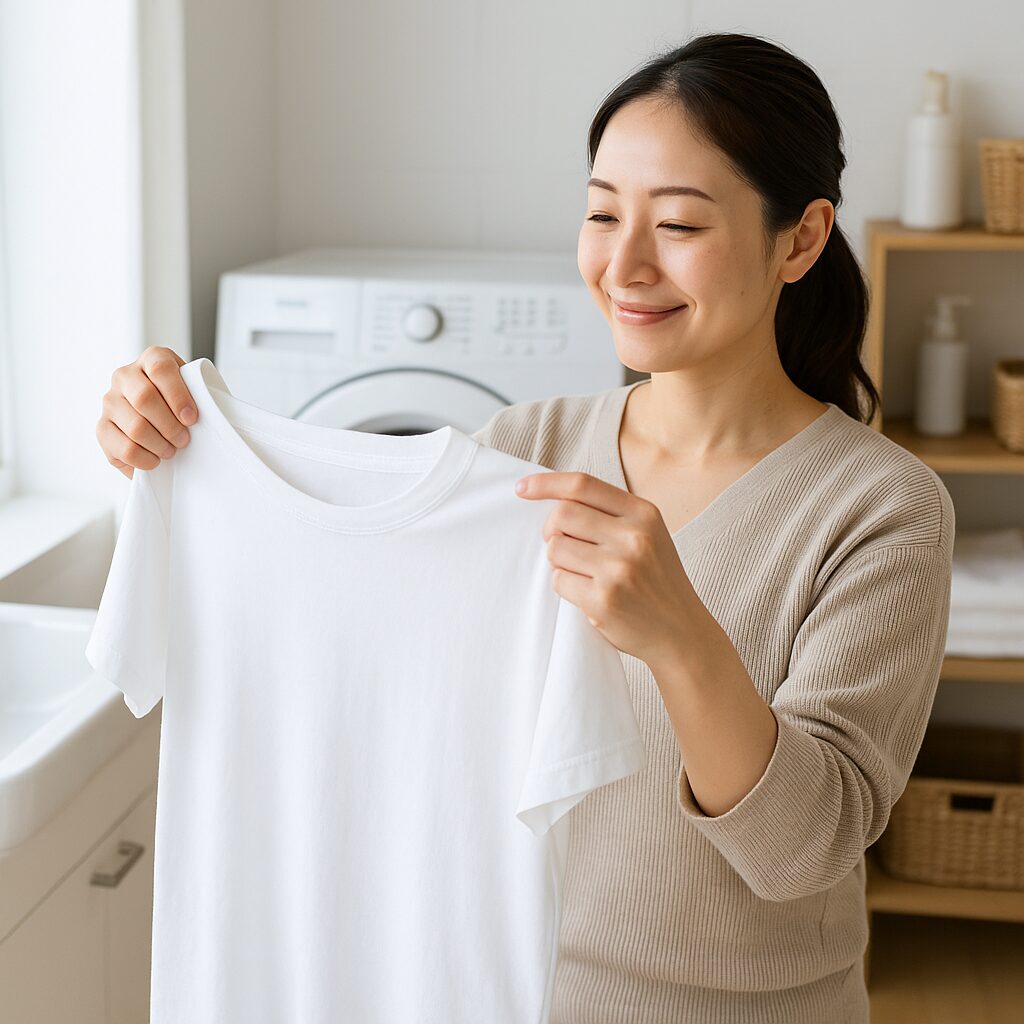 黄ばみのない白いTシャツと洗濯機のある明るい洗面所