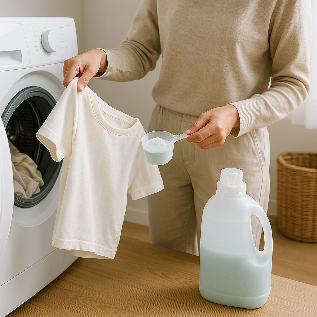 洗剤をきちんと計量し洗濯物の量を確認している様子