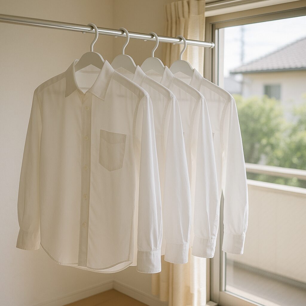 風通しの良い場所に干された白いシャツで黄ばみを予防している様子