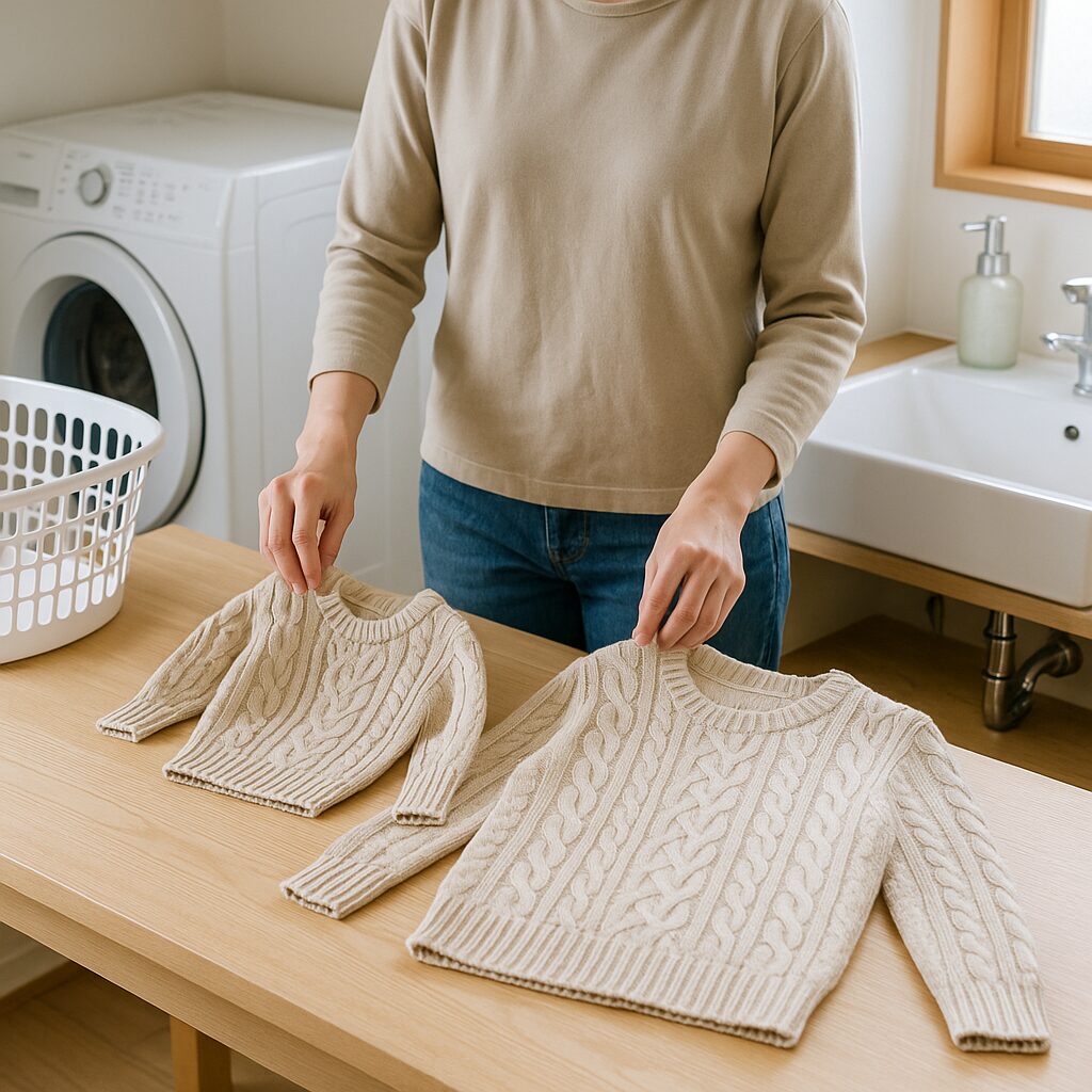 縮んで小さくなったニットと元のサイズのニットを並べている様子