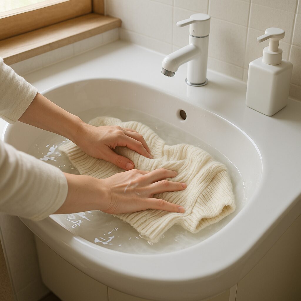 洗面ボウルのぬるま湯の中でニットを優しく伸ばしている手元