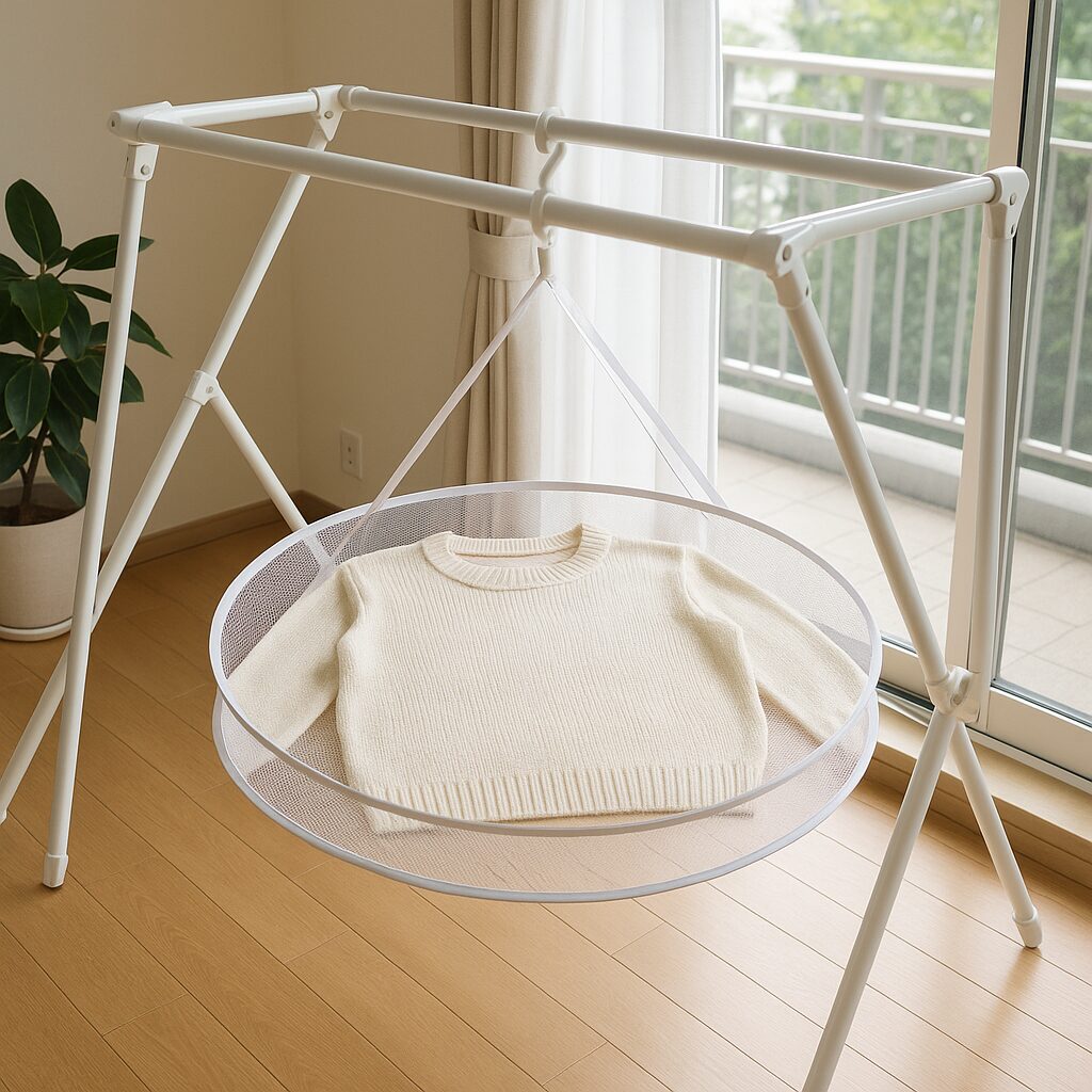 平干しネットの上にニットを広げて形を整えて干している様子