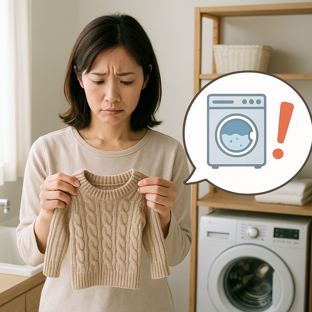 洗濯後に縮んだニットを見て困っている人のイラスト