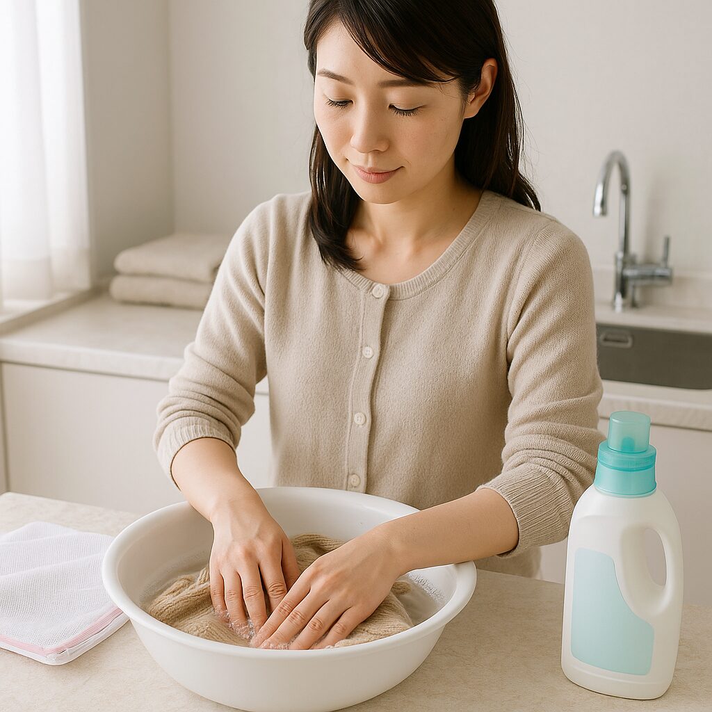 ニットをやさしく手洗いして縮みを予防している様子の写真