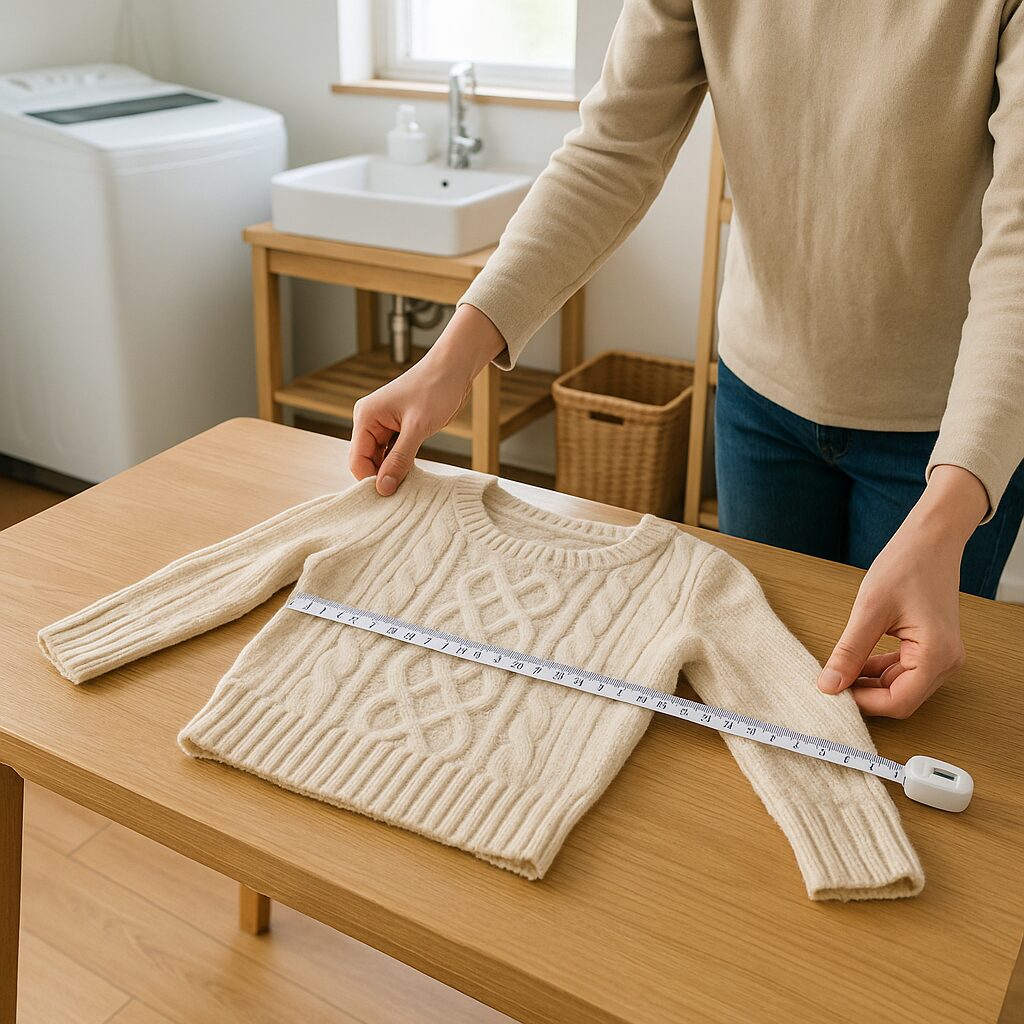 縮んで小さくなったニットをサイズ確認している様子