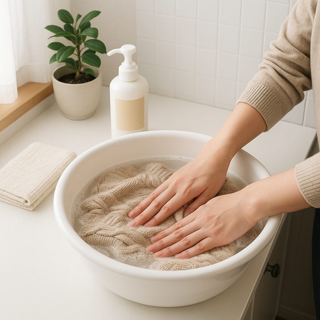 コンディショナー入りのぬるま湯でニットをやさしく伸ばす作業