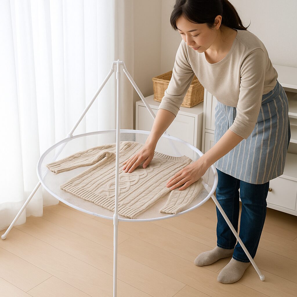 縮み予防のためにニットを平干ししている様子