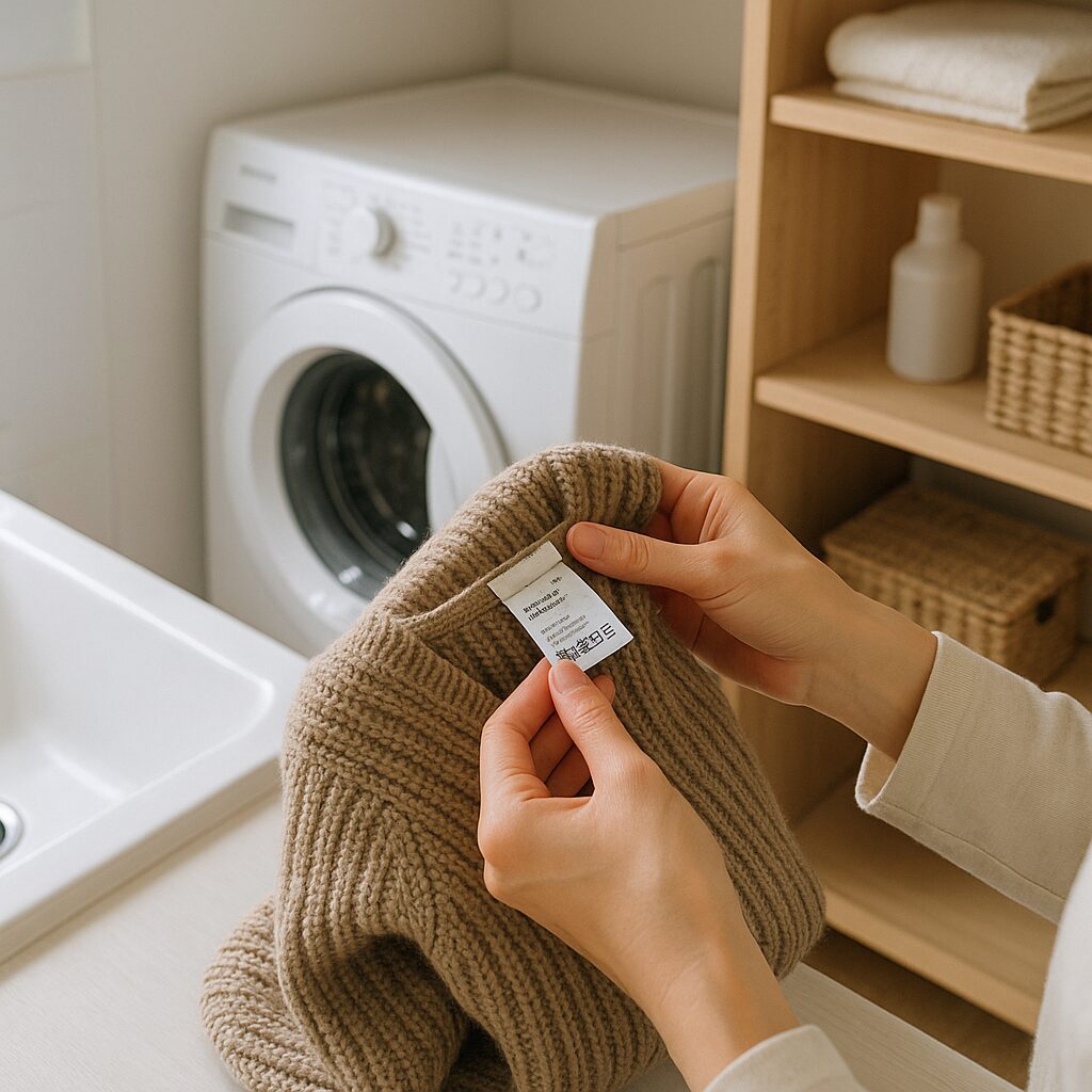 洗濯表示を確認するニットと手元