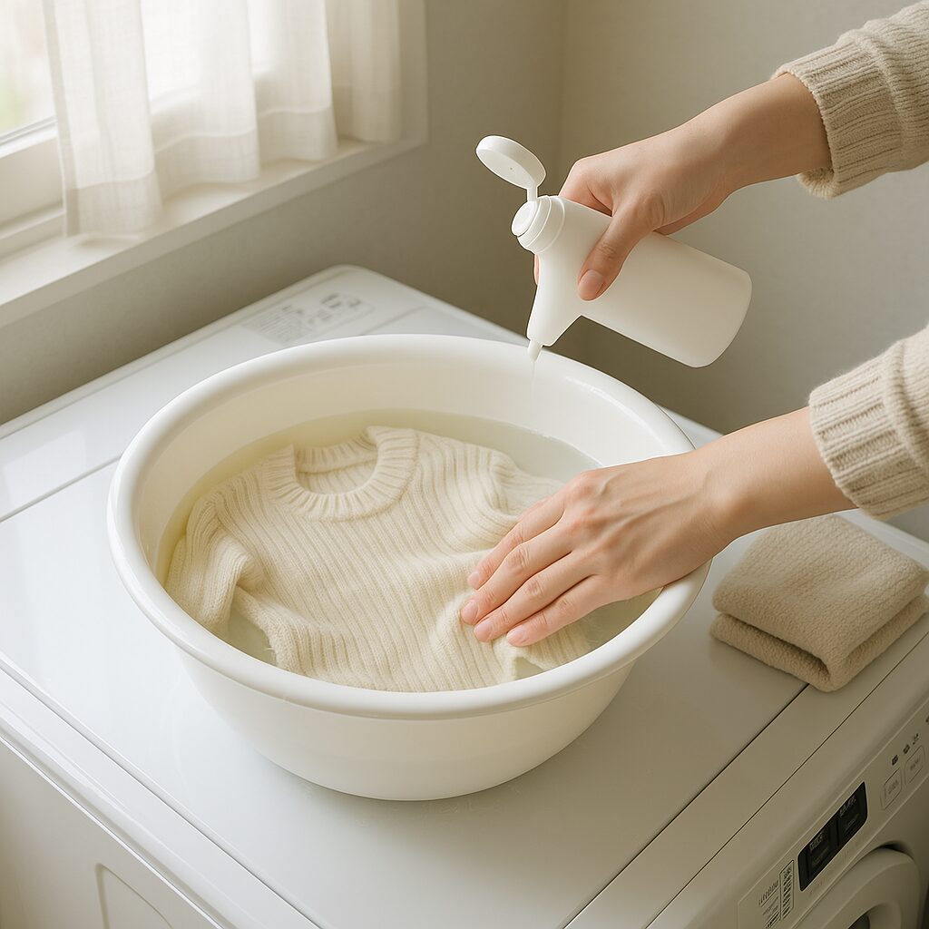 ぬるま湯とコンディショナーでニットを戻す作業の手元