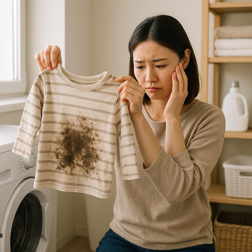 泥だらけの子供服と洗濯かごを前に悩む親の様子