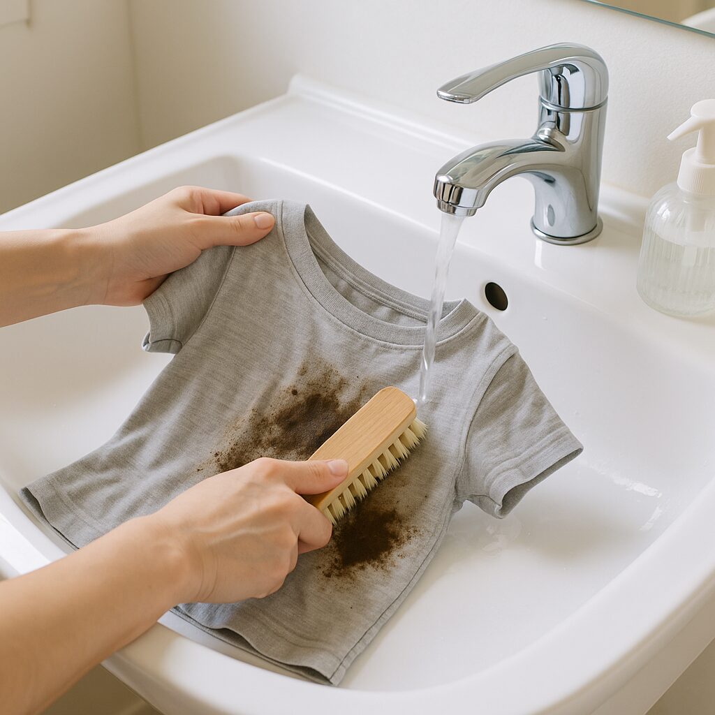 子供服の泥汚れ部分を小さなブラシで予洗いしているところ