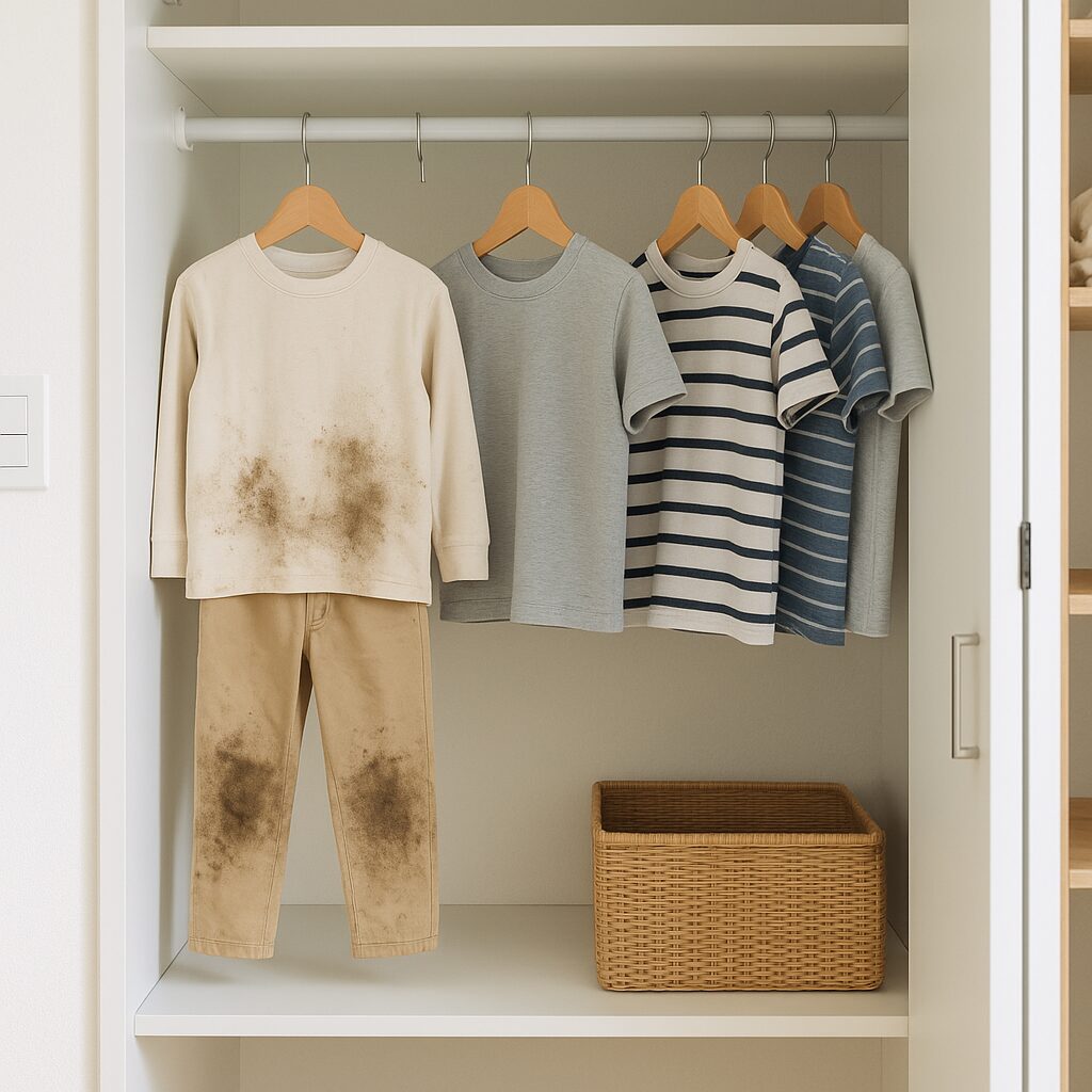 泥遊び用の服と普段着を分けて収納しているイメージ