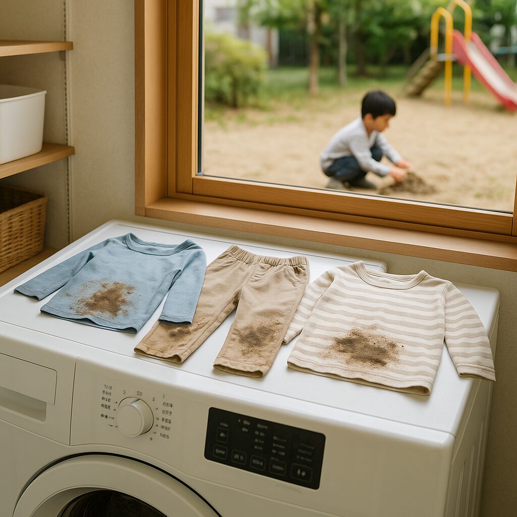 泥遊びをする子供と、きれいに保たれた子供服のイメージ写真