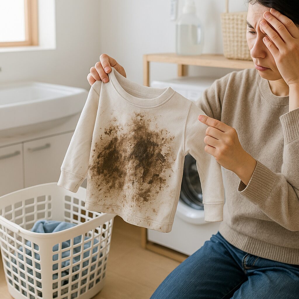 泥汚れがついた子供服と洗濯かごを前に悩む親のイメージ