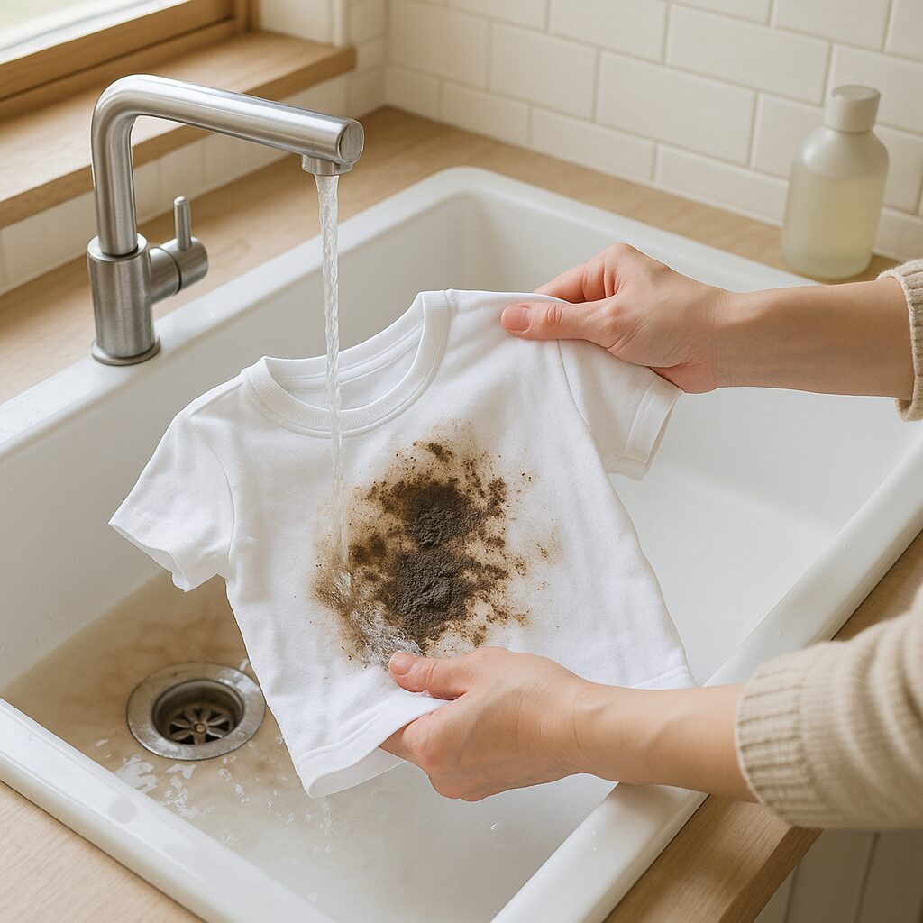 泥汚れのついた子供服を洗面台で予洗いしている手元