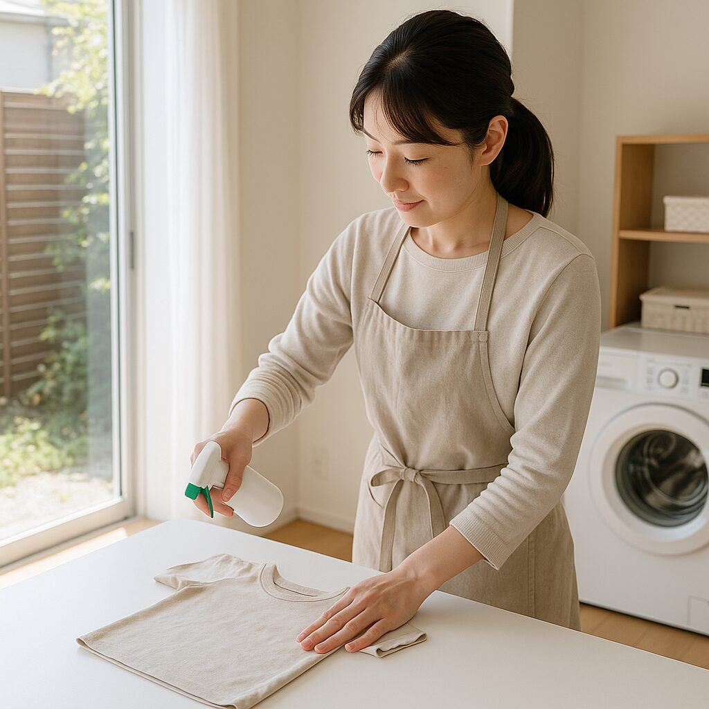 外遊び前に子供服に撥水スプレーをかけて泥汚れを予防している様子