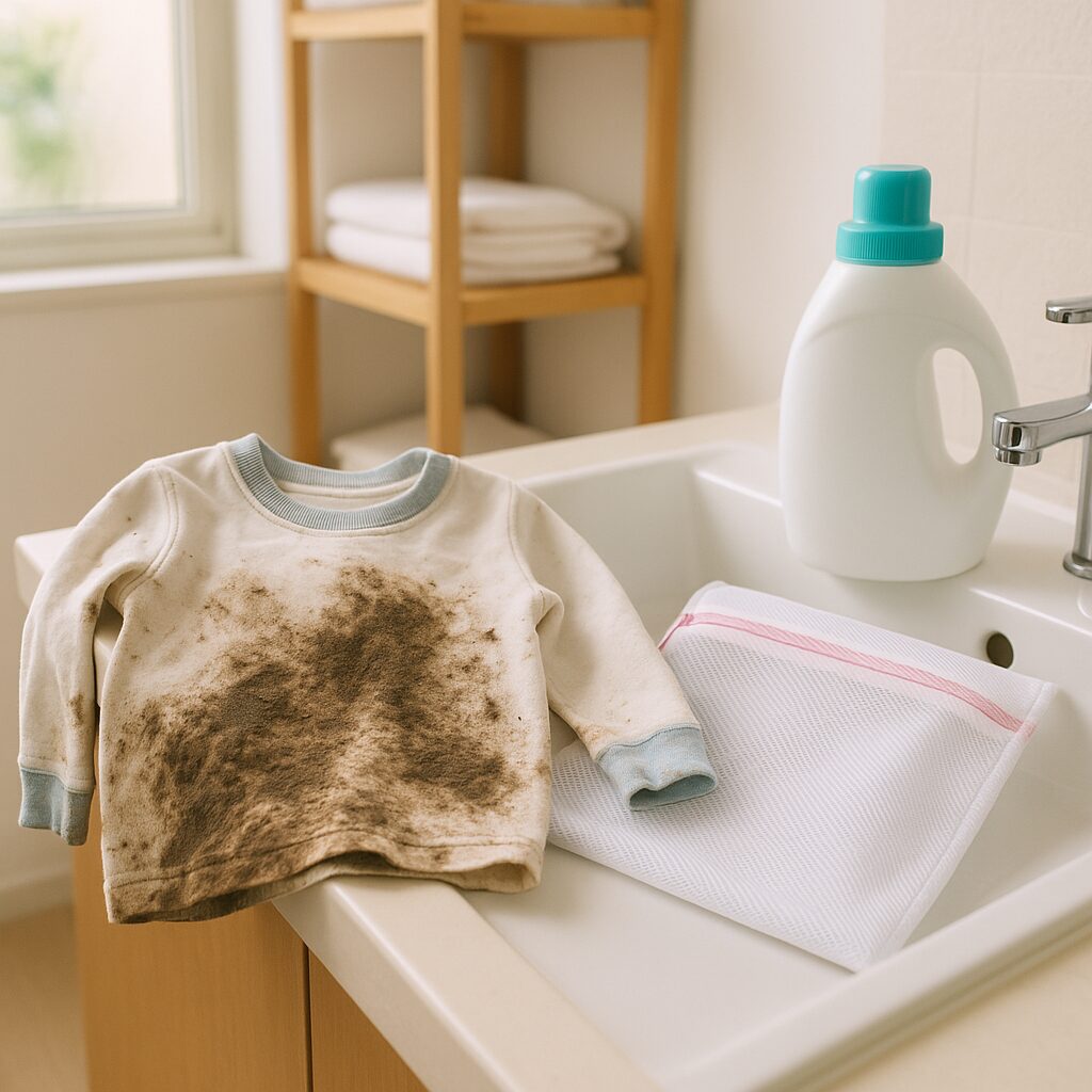 泥汚れがついた子供服と洗剤が並んだイメージ写真