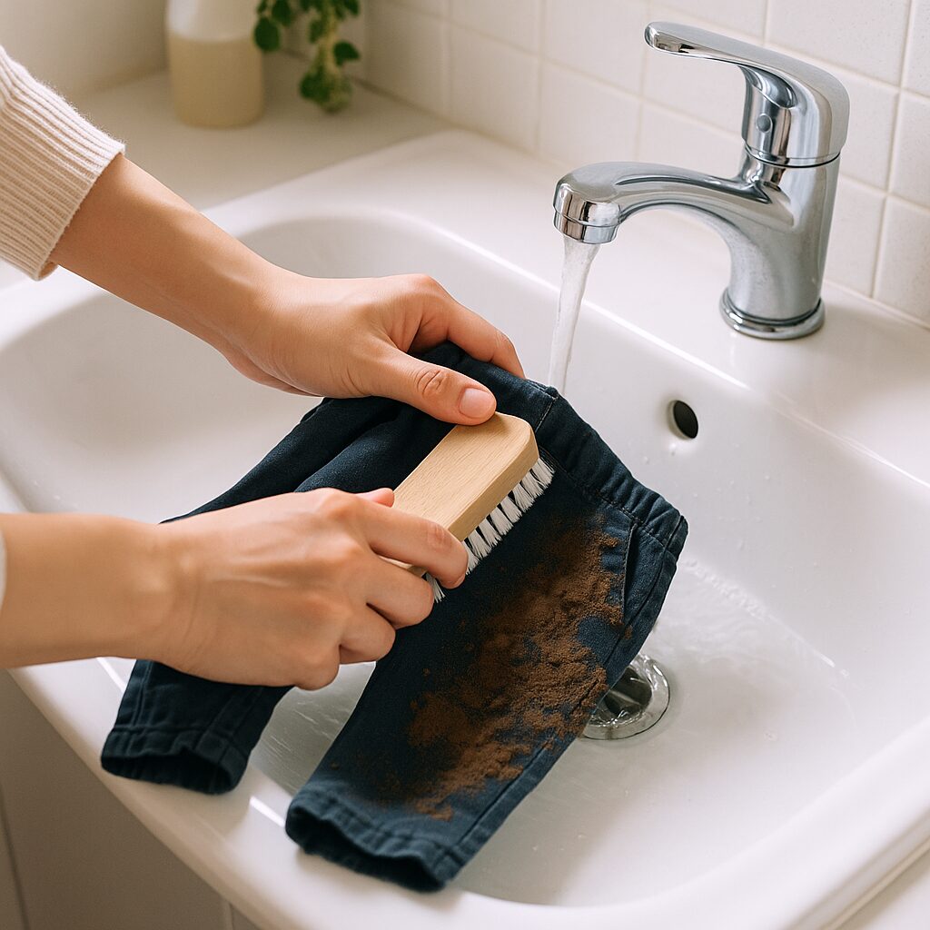 子供服の泥汚れをブラシで軽くこすり洗いしている様子