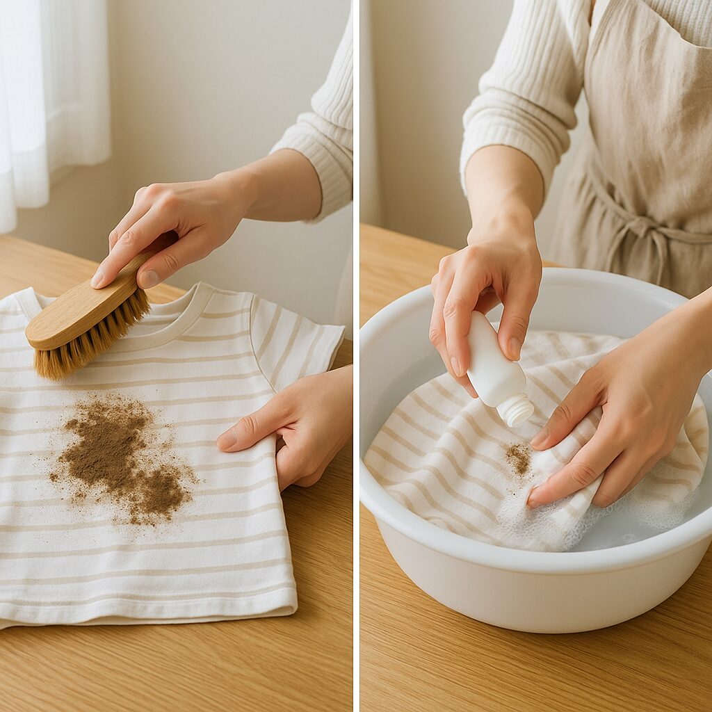 泥汚れの子供服をブラシでこすり洗いし、洗剤を塗っている手元