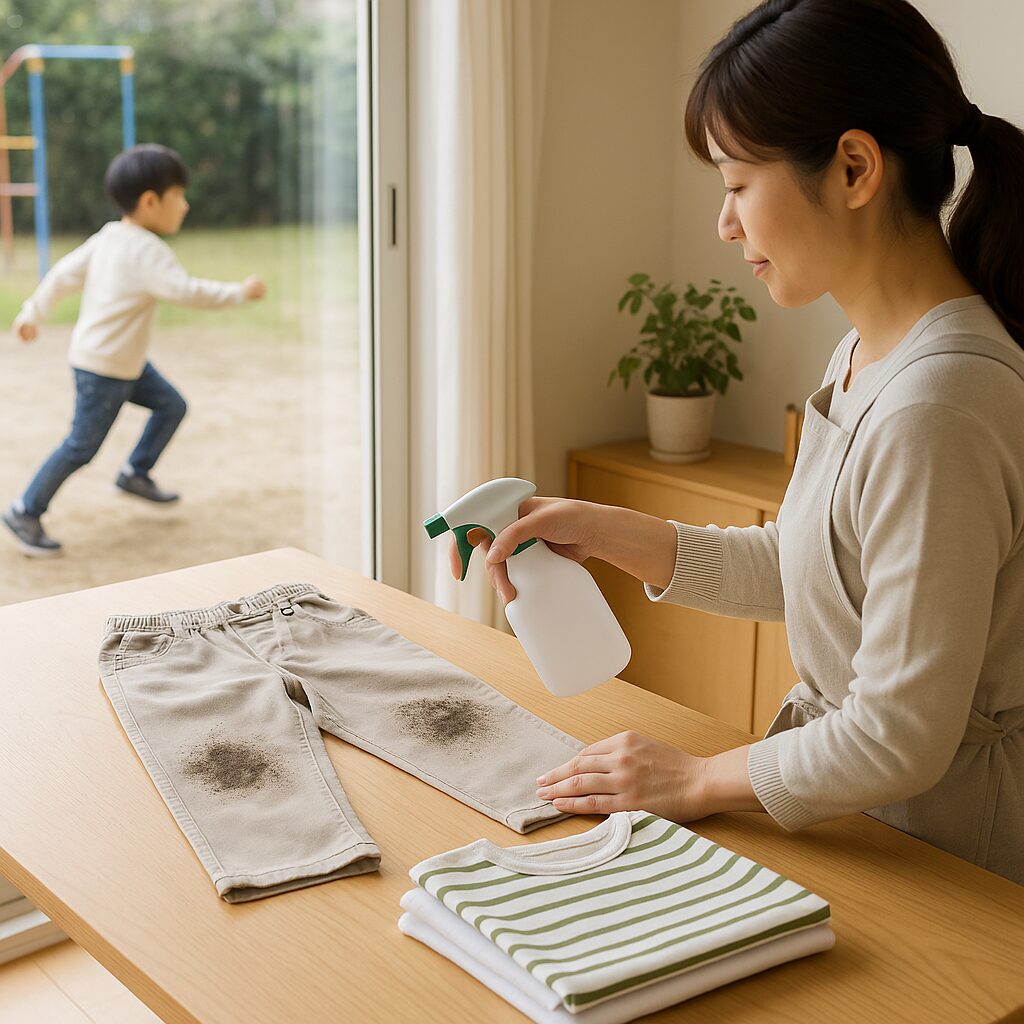 泥汚れを予防するために子供服にスプレーをしている様子