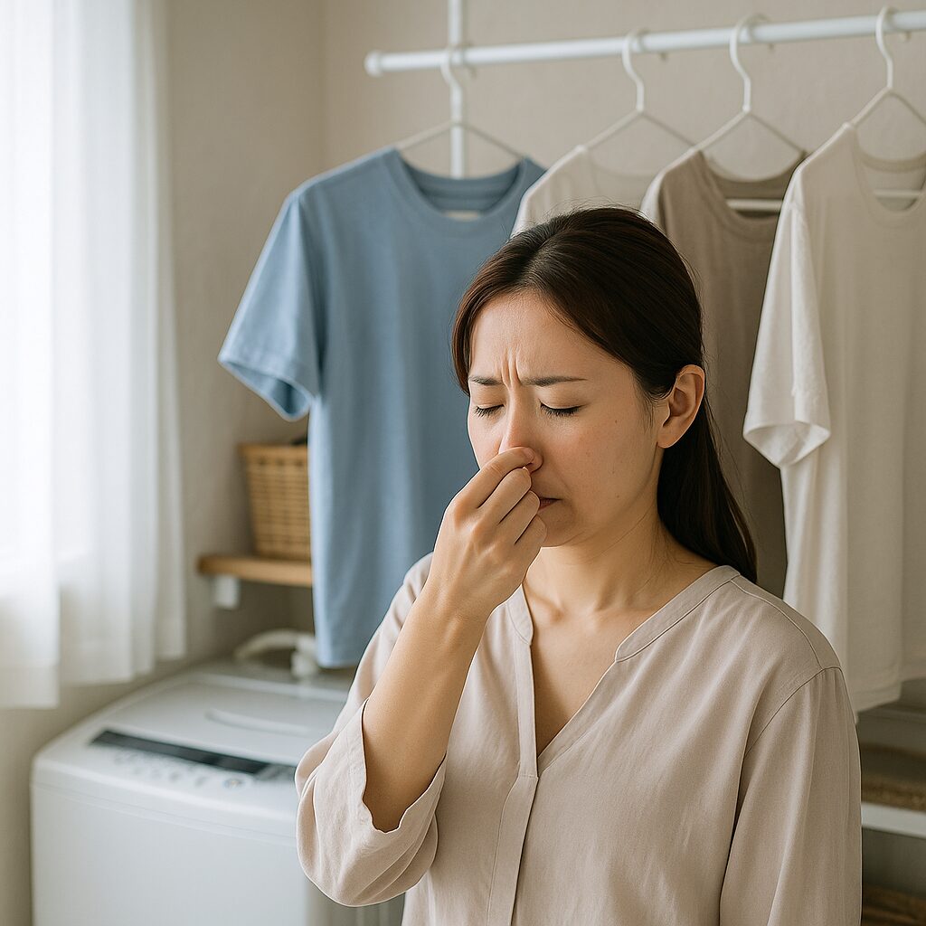 部屋干しした洗濯物と、生乾き臭に困っている人のイメージ