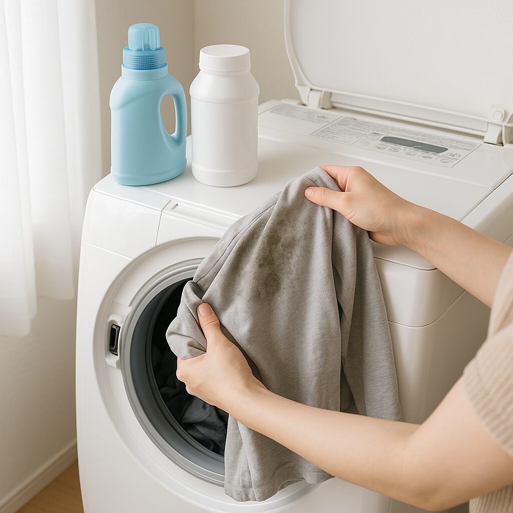 生乾きの洗濯物を洗い直すために酸素系漂白剤を準備している様子