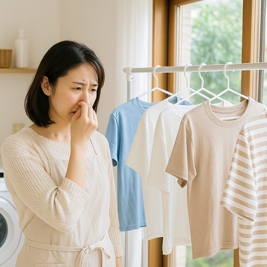 生乾き臭のする洗濯物を心配そうに見ている人