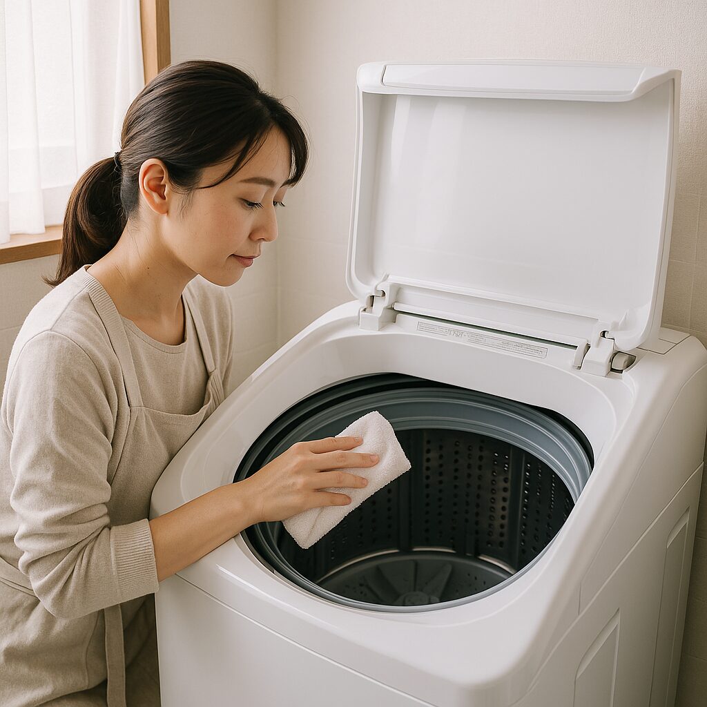 洗濯機の洗濯槽とゴムパッキンを掃除して生乾きを予防している様子