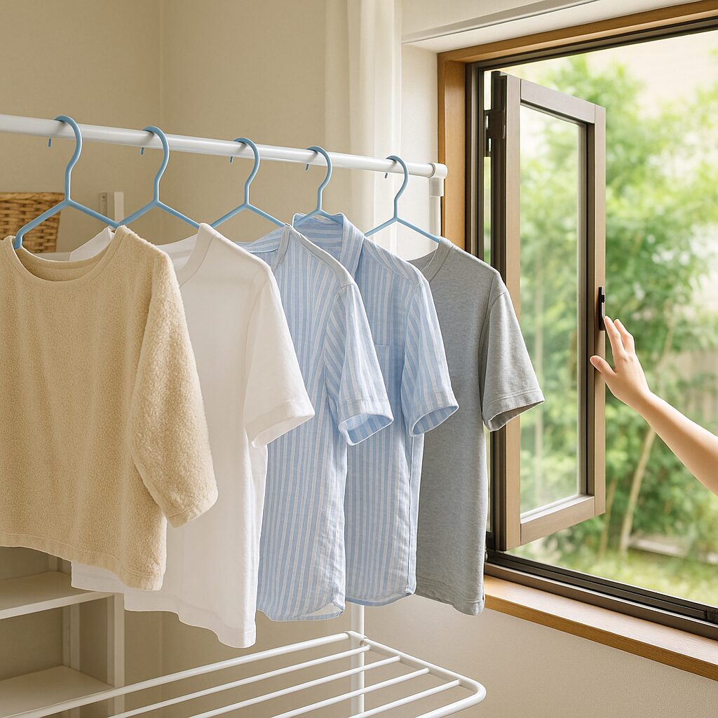室内で洗濯物を干し、窓を開けて換気している様子