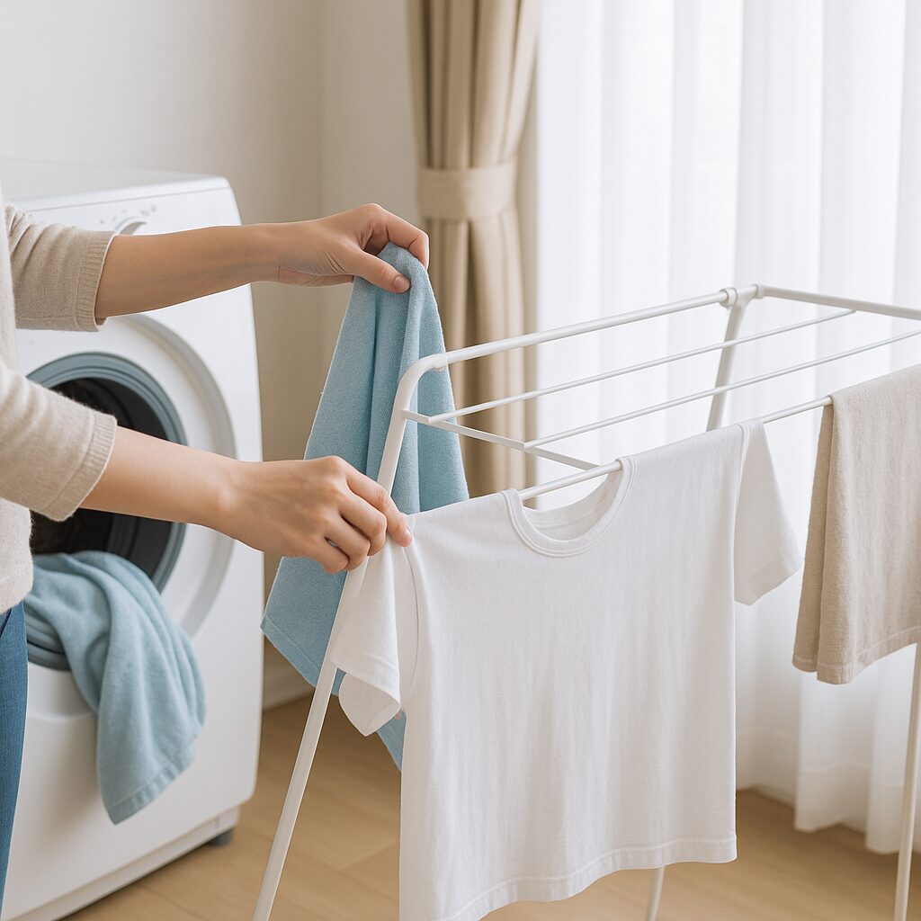 洗濯機から取り出した洗濯物をハンガーに1枚ずつ間隔をあけて干している手元