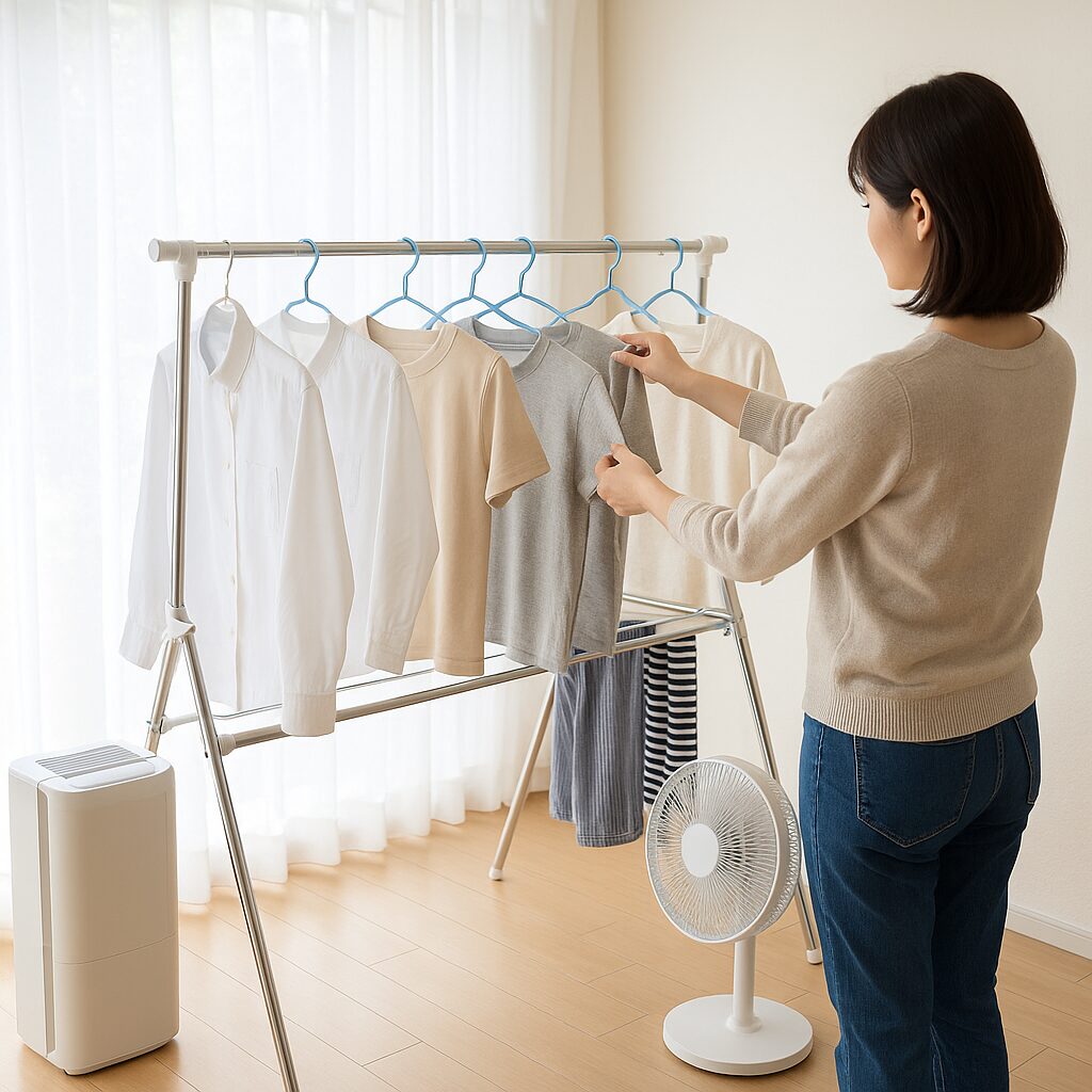 除湿機とサーキュレーターで洗濯物を効率よく乾かしている室内