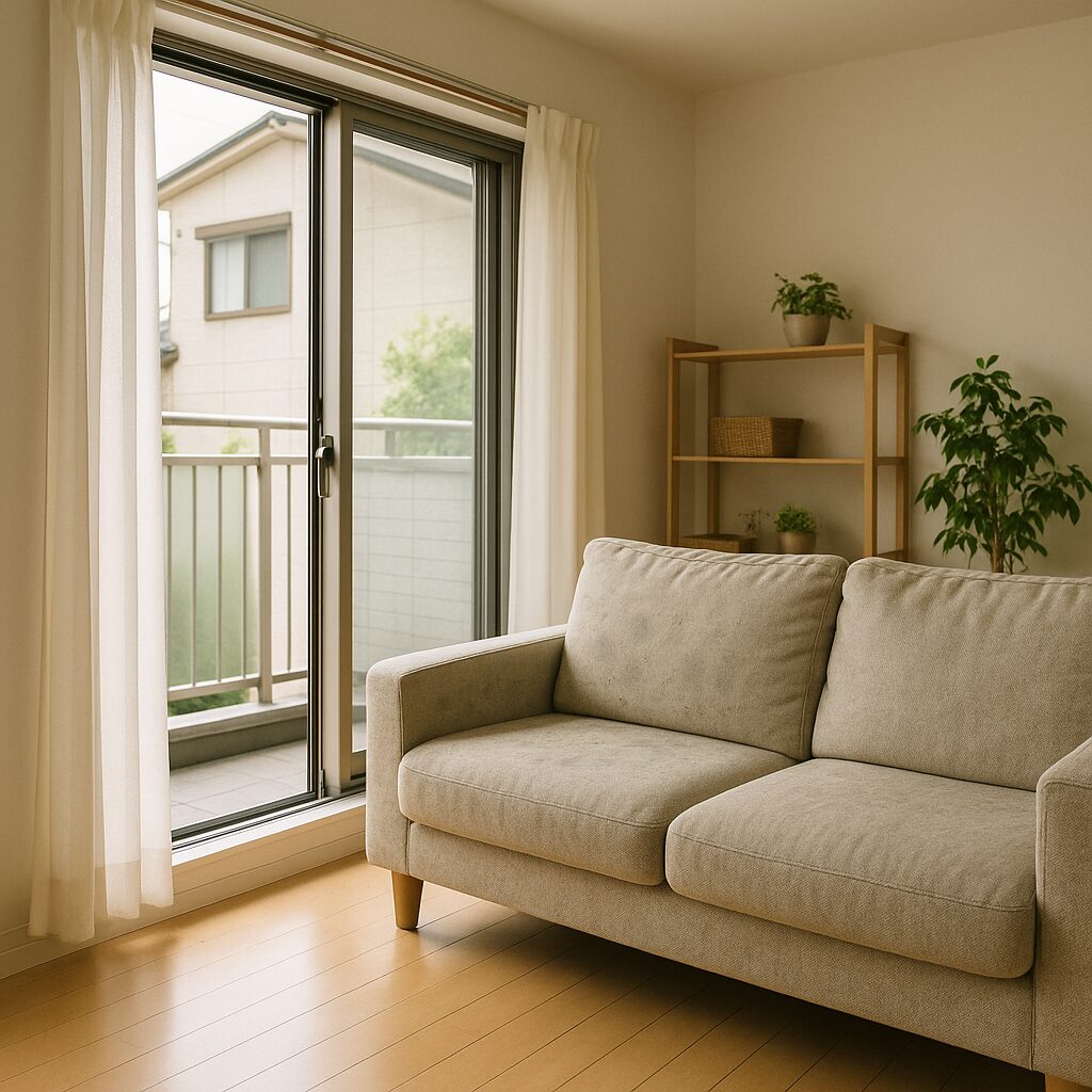 窓を開けて換気している布製ソファのあるリビング