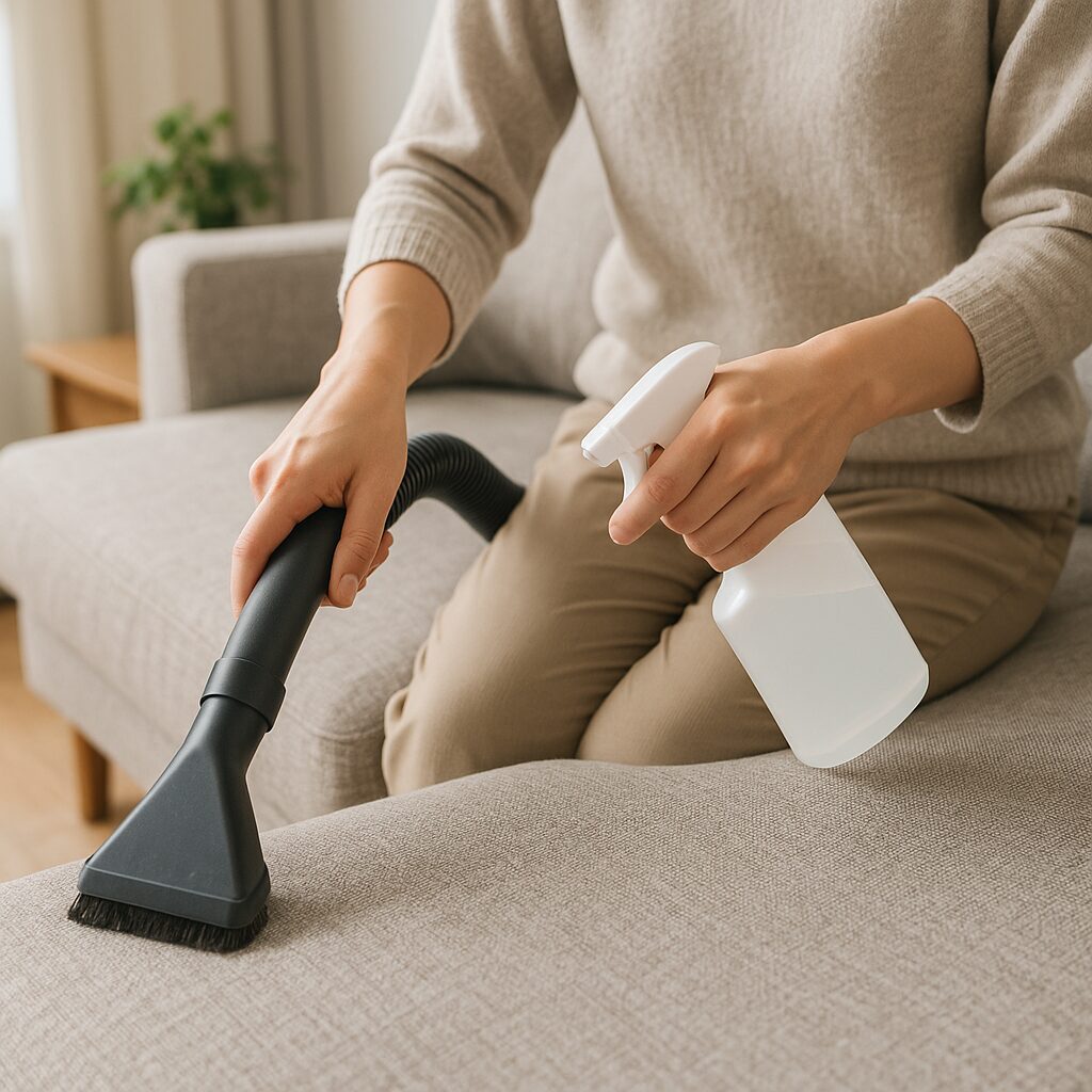 布製ソファを掃除機で掃除している様子