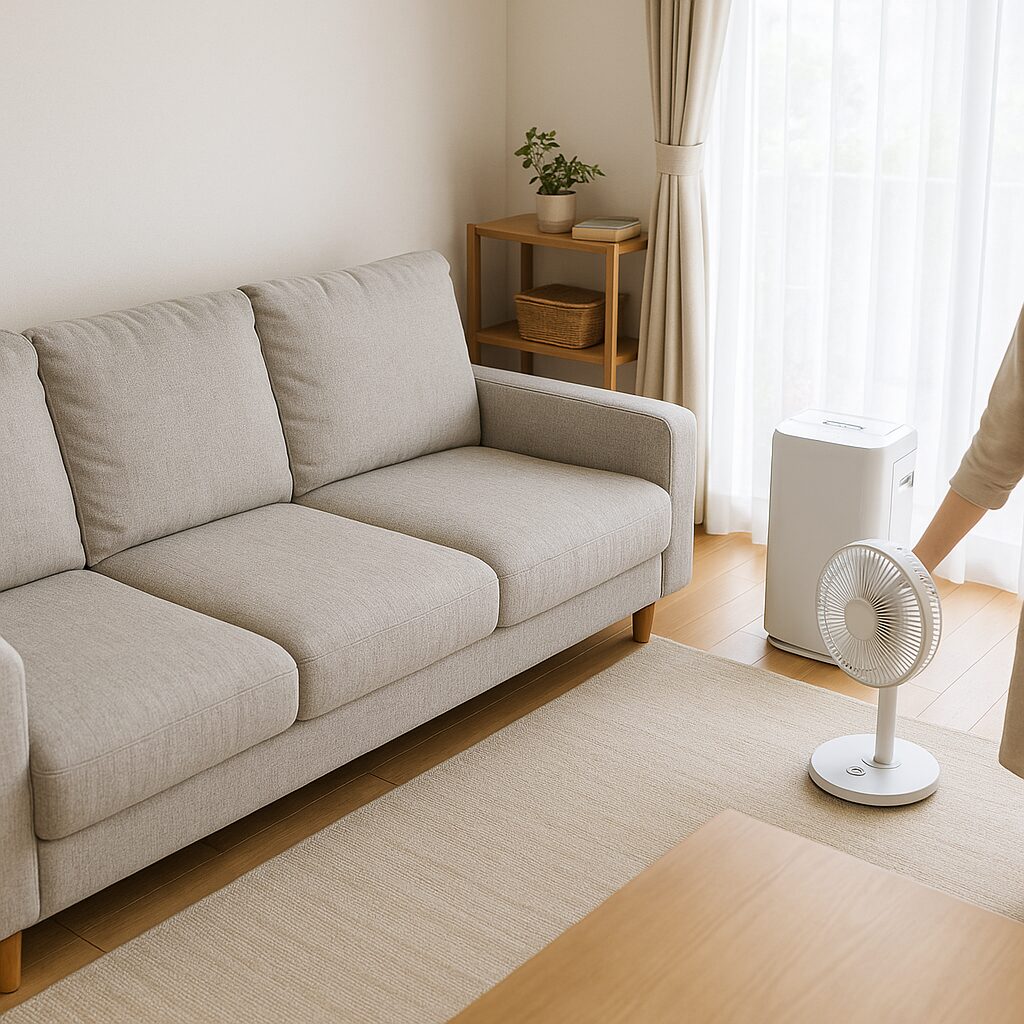 除湿機とサーキュレーターで湿気対策をしているソファ周り