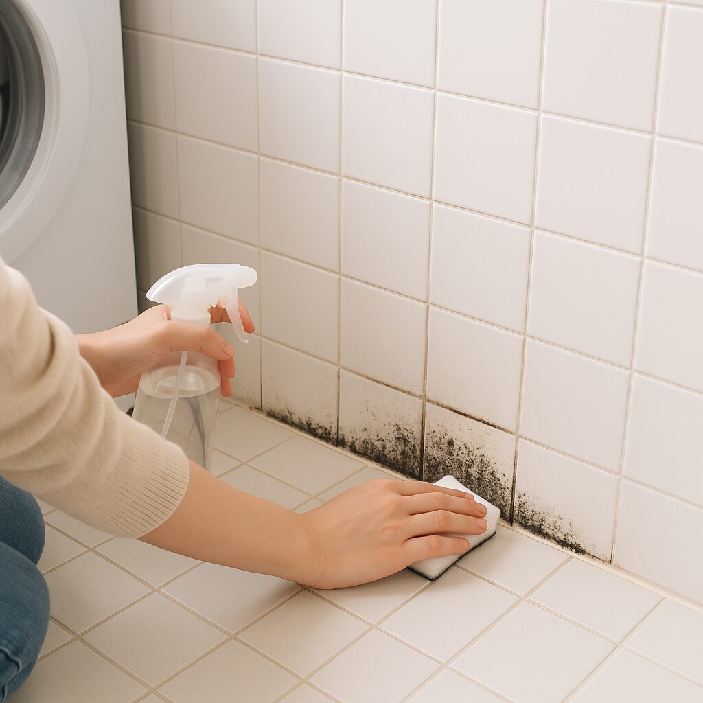 浴室のタイル目地に生えた黒カビを見て悩む人の様子