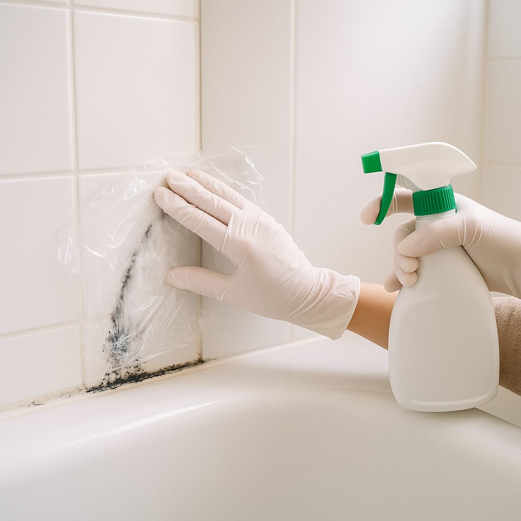 浴室の黒カビに専用洗剤を塗ってラップで密着させている様子