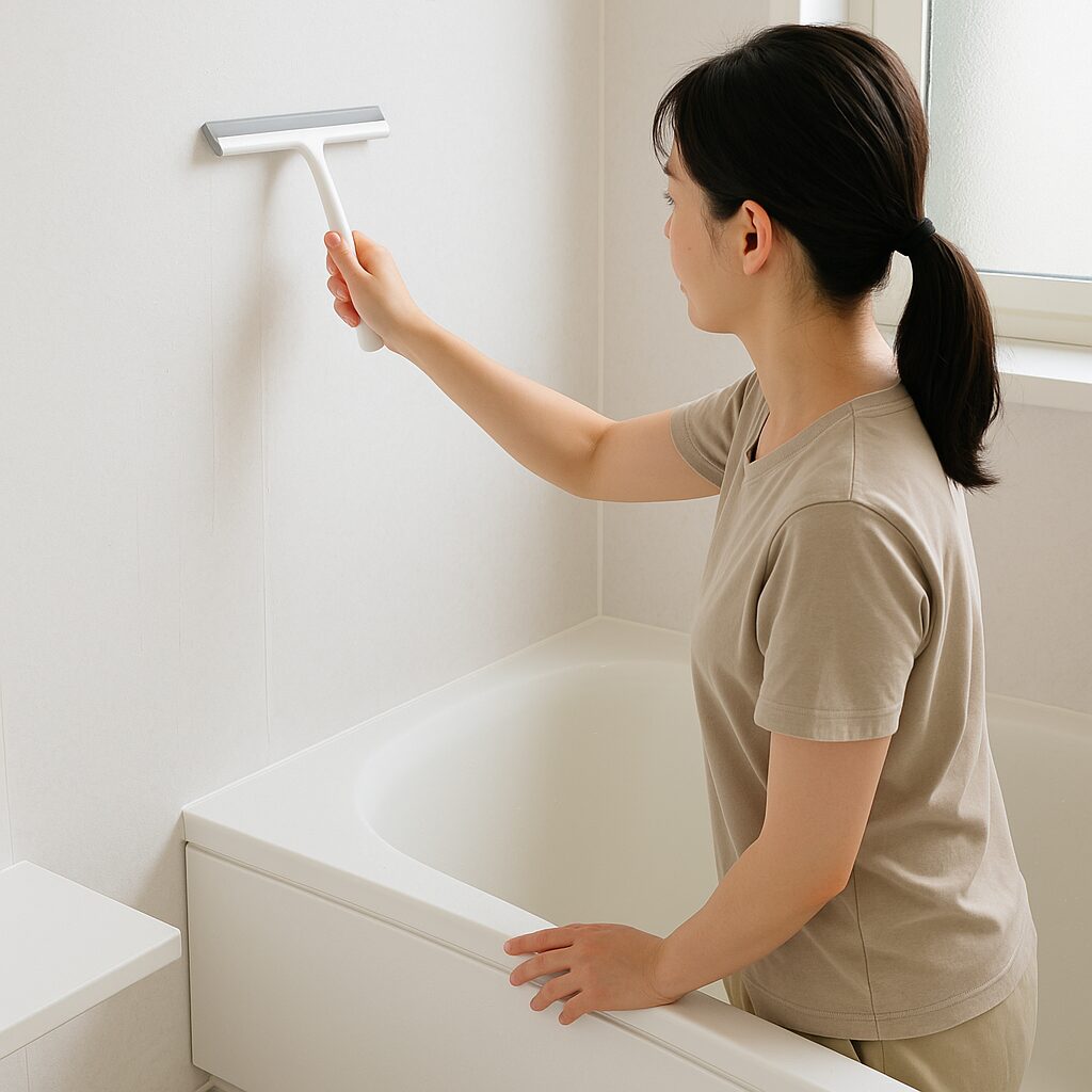 浴室の壁をスクイージーで水切りしてカビ予防している様子