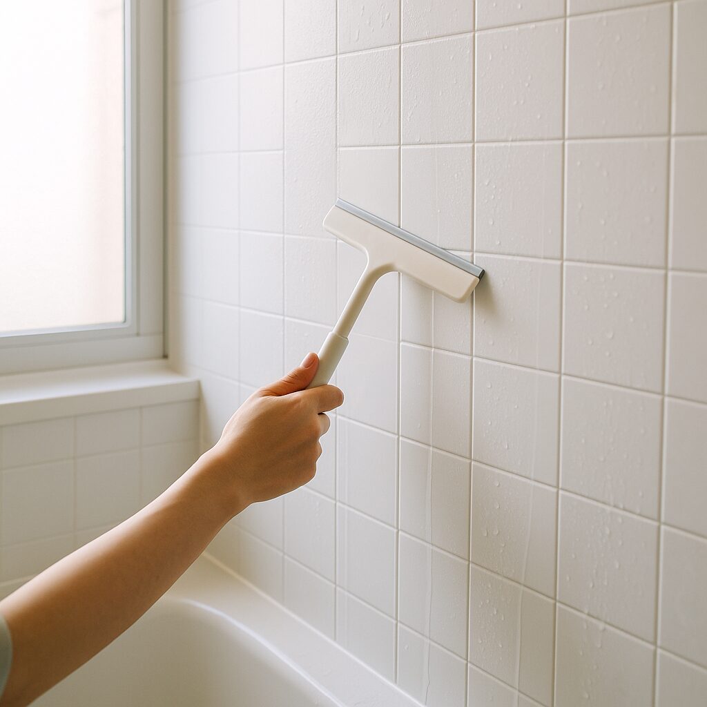 スクイージーで浴室の壁の水を切っている様子