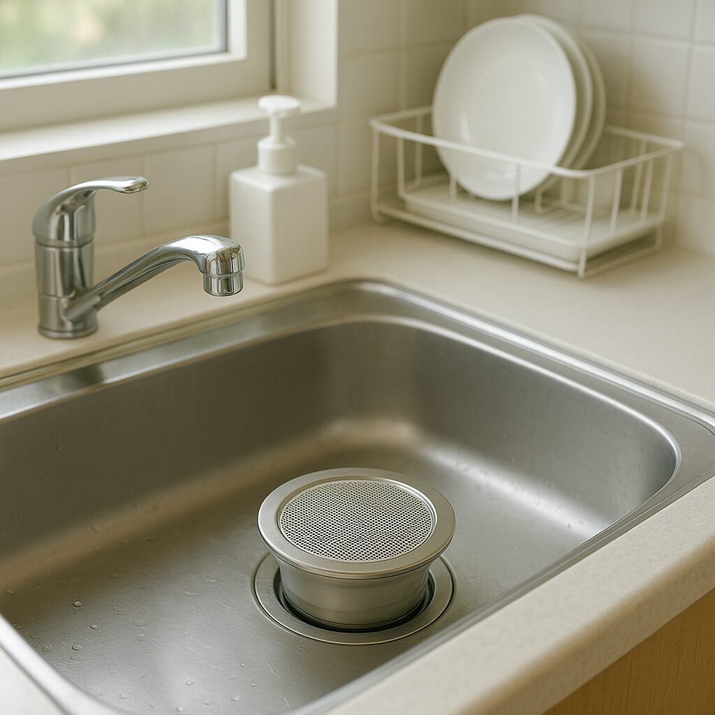排水口に防虫フタをつけて虫の侵入を防いでいるキッチンシンク