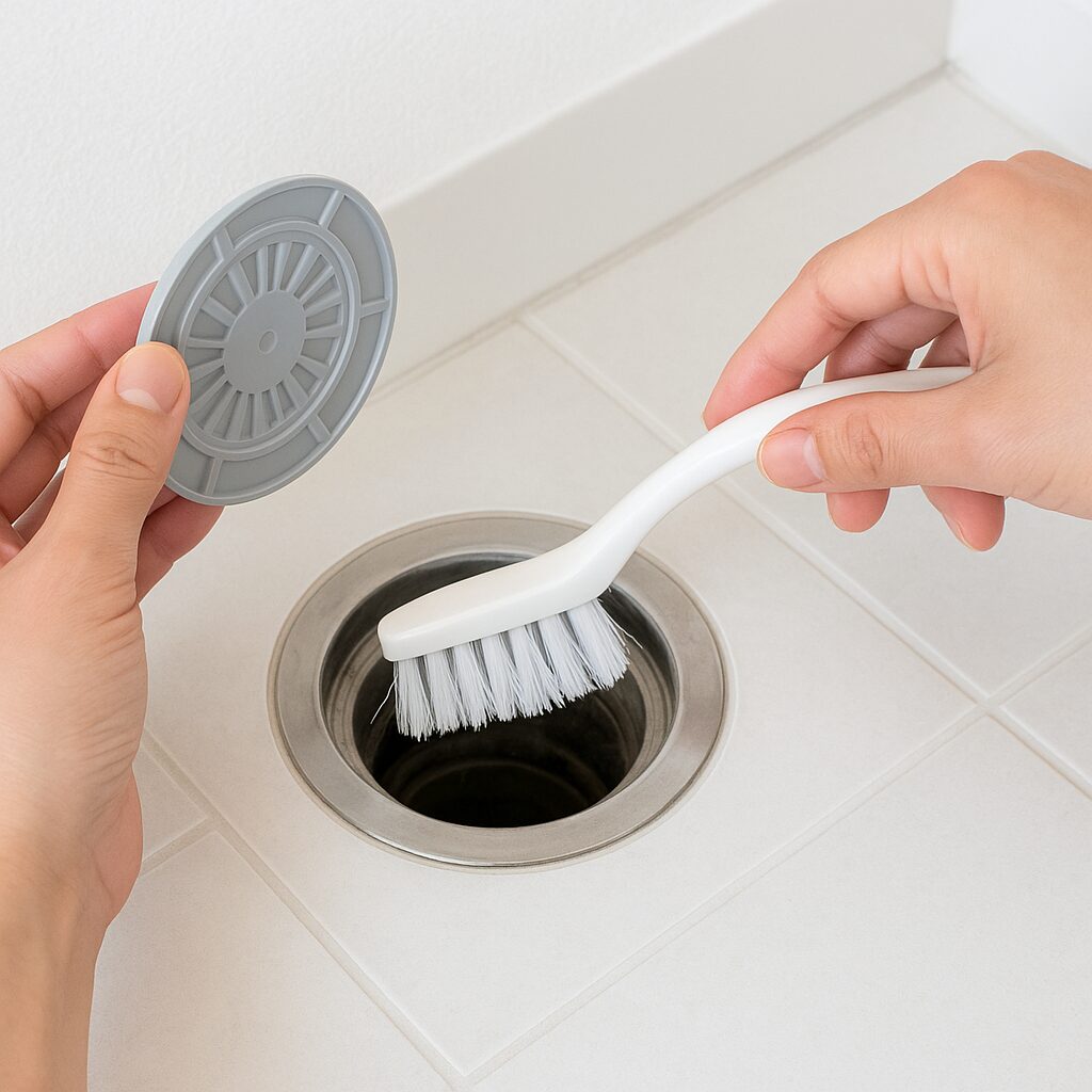 排水口を掃除してから防虫キャップを取り付けている様子