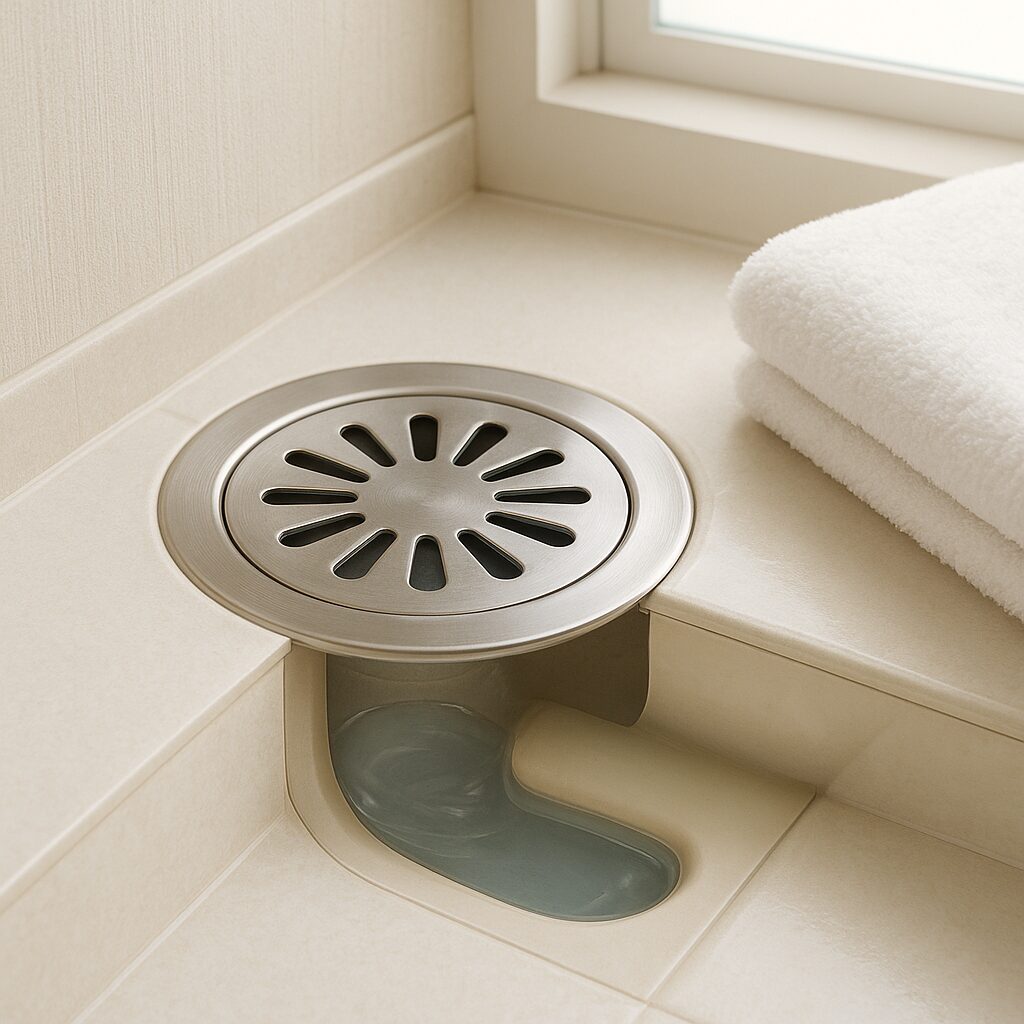 封水トラップで虫や臭いを防いでいる排水管の断面図