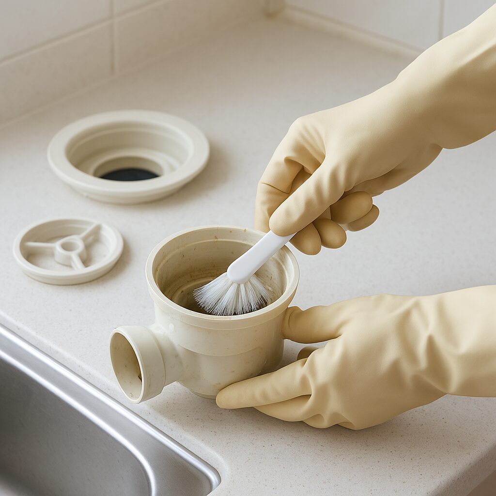 排水口の排水トラップをブラシで掃除している様子