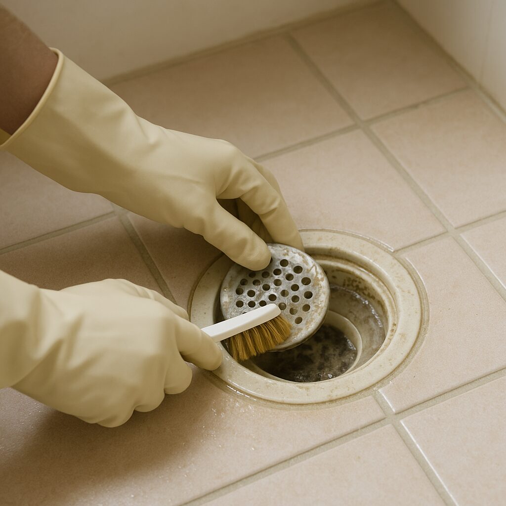 ブラシで排水口のヌメリを掃除している様子