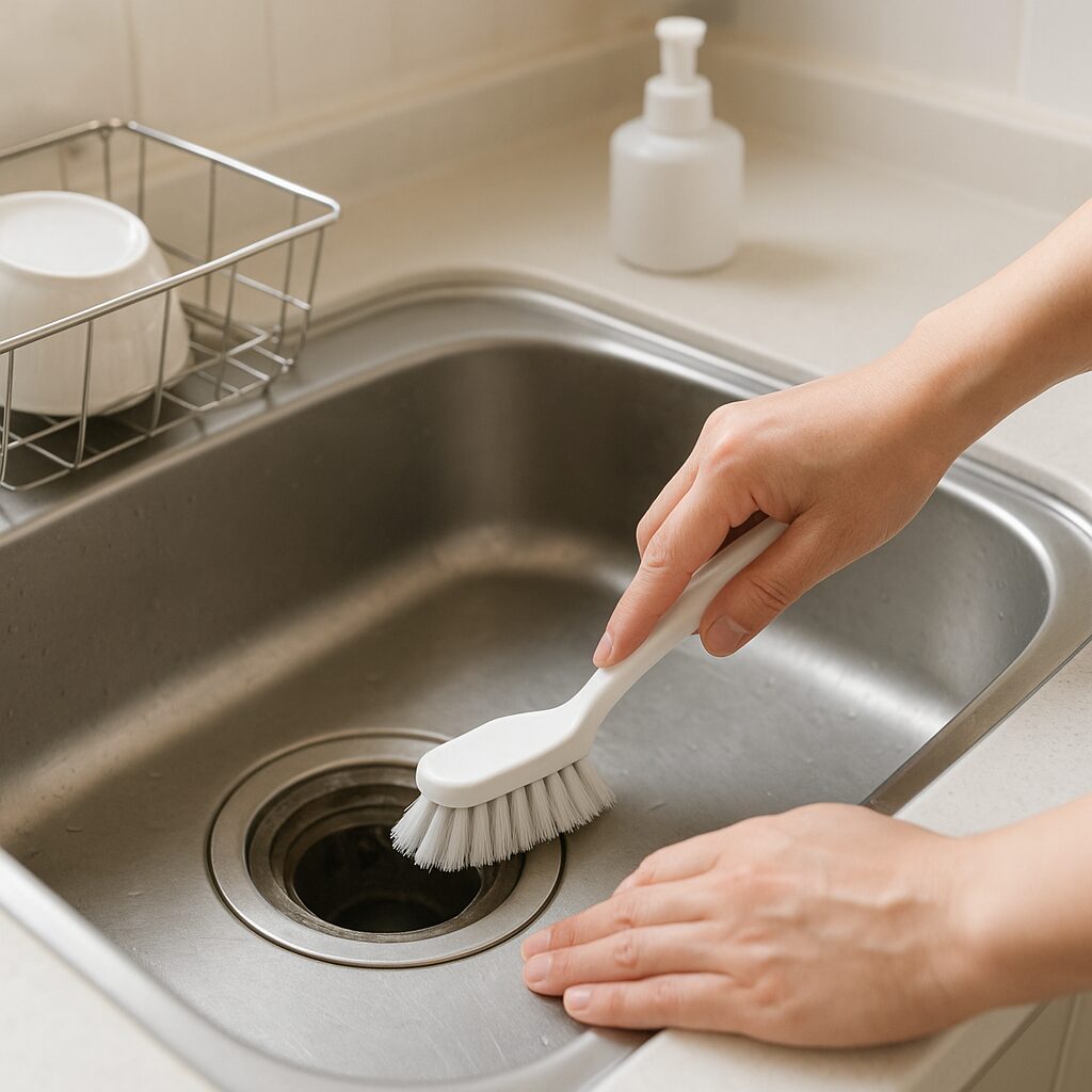 キッチンの排水口を掃除して悪臭対策をしている様子