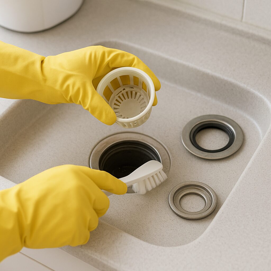 排水口のパーツを外して丁寧に洗浄している場面