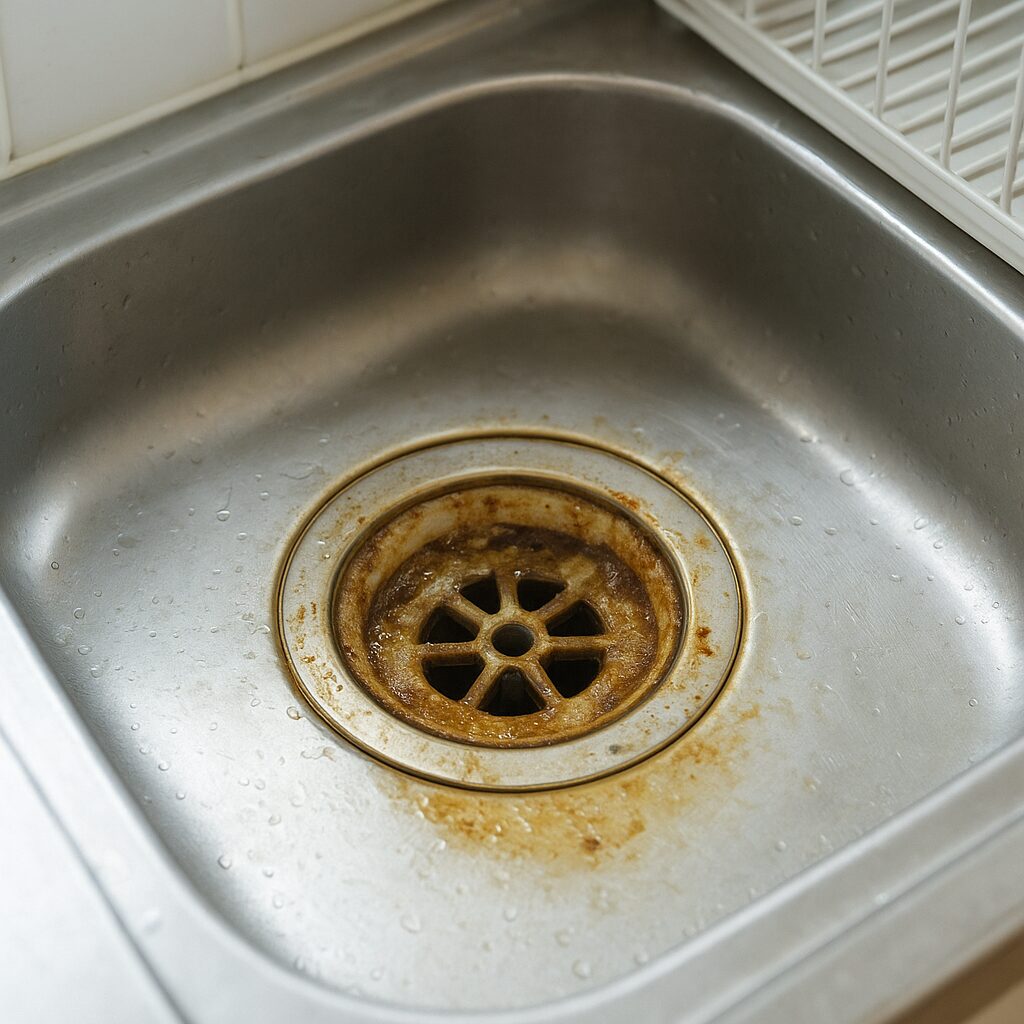 油汚れがこびりついたキッチンの排水口