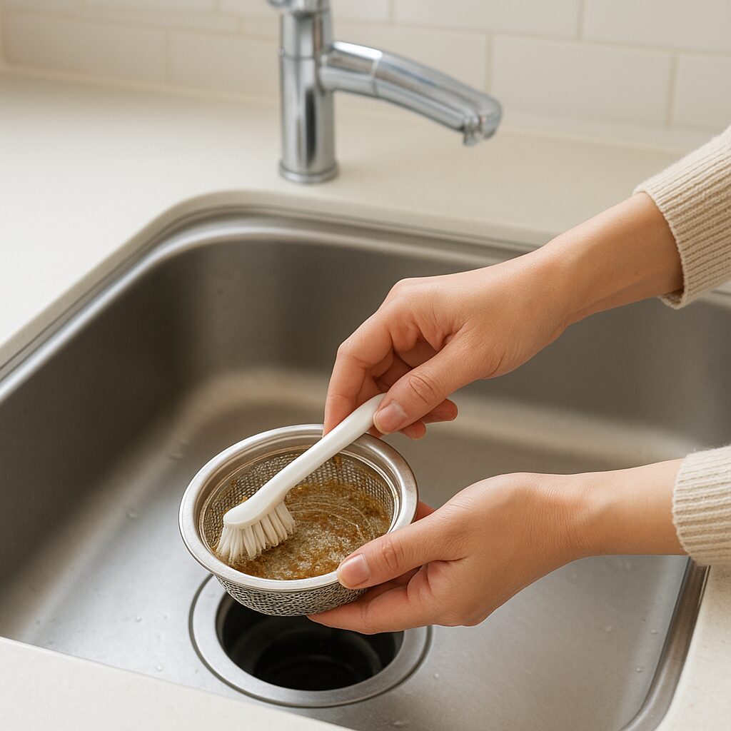 排水口の油汚れをブラシで掃除している様子