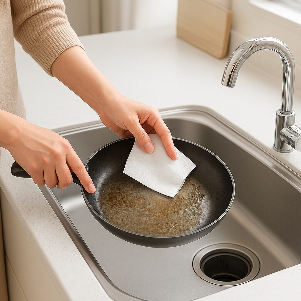フライパンの油を拭き取ってから洗う予防方法